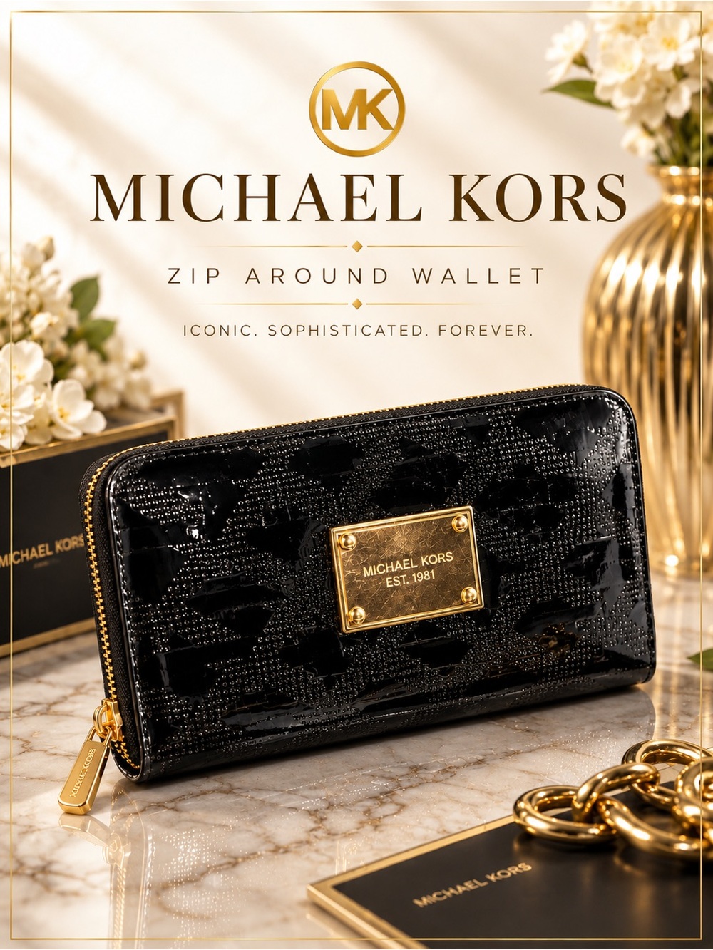 MICHAEL KORS BLACK PATENT MONOGRAM ZIP AROUND WALLET GOLD TONE